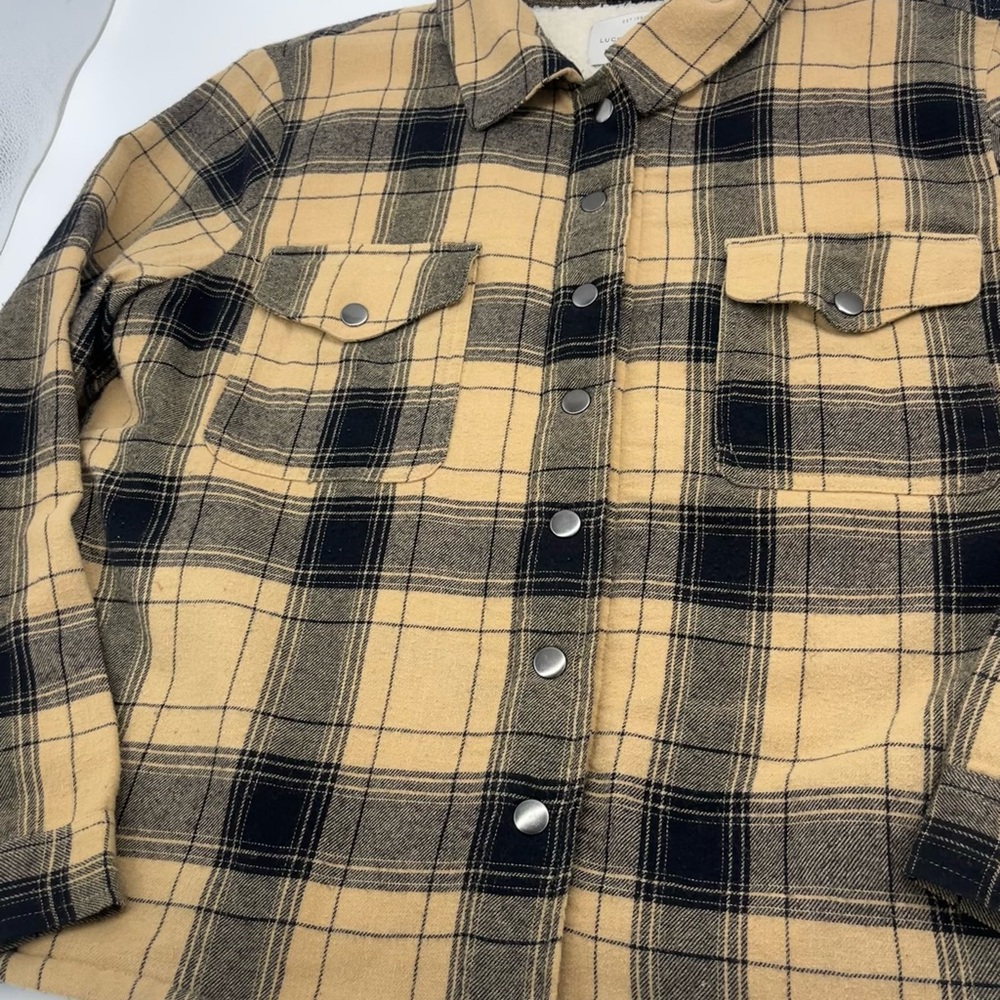 Lucky Brand Tan and Black Plaid Shirt Jacket - Picture 3 of 8